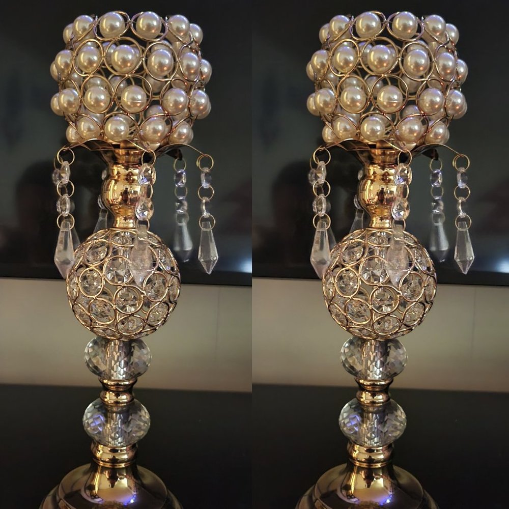 Set of Two 14" Tall Golden Gold Crystal Candlesticks Holders for Home Decor